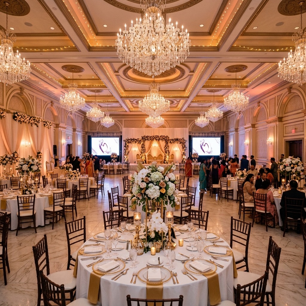 Elegant banquet hall reception with chandeliers