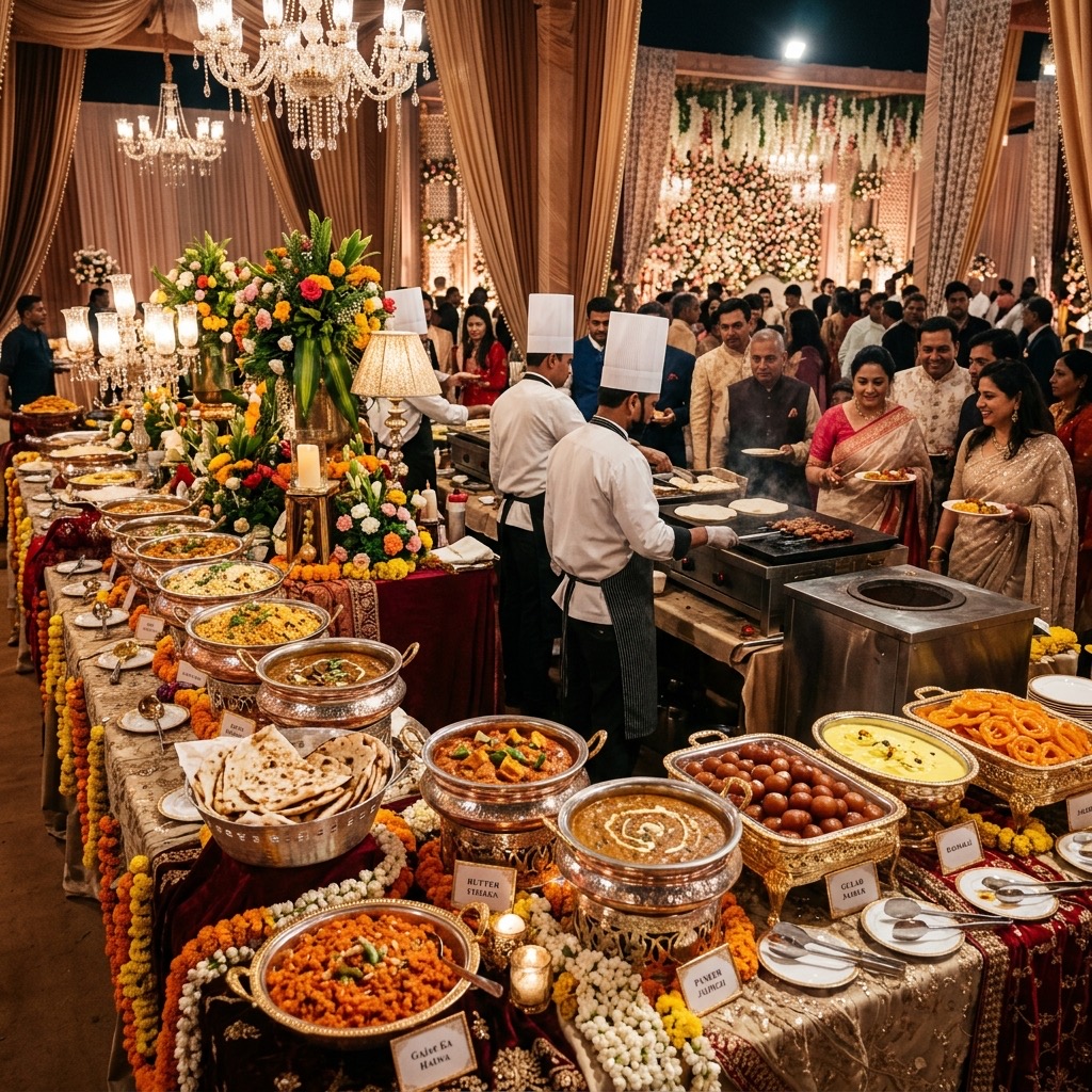 Elaborate Indian wedding buffet catering setup