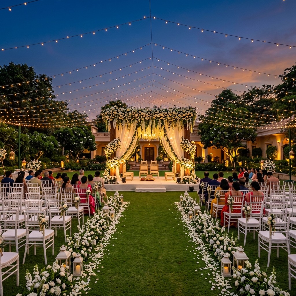 Night outdoor garden wedding ceremony with fairy lights