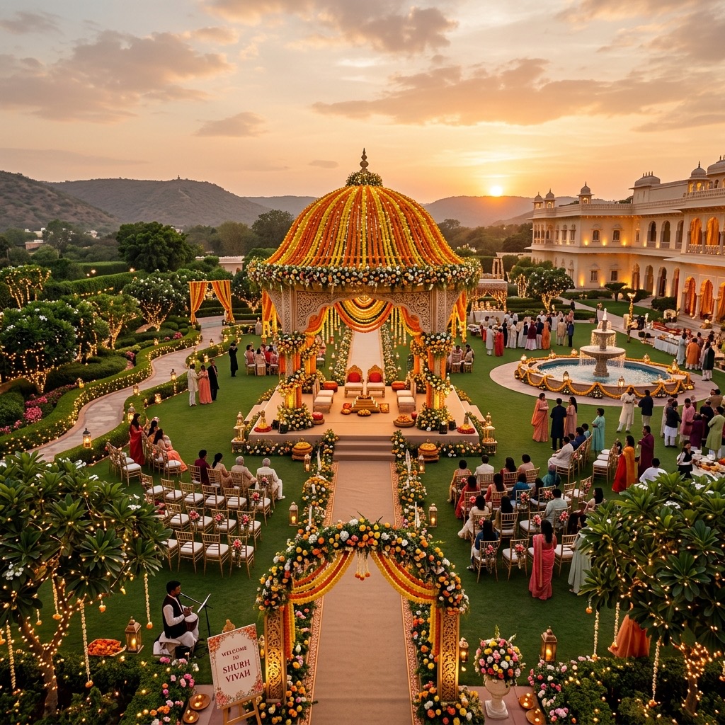 Nateshwaram Lawns outdoor mandap ceremony at sunset
