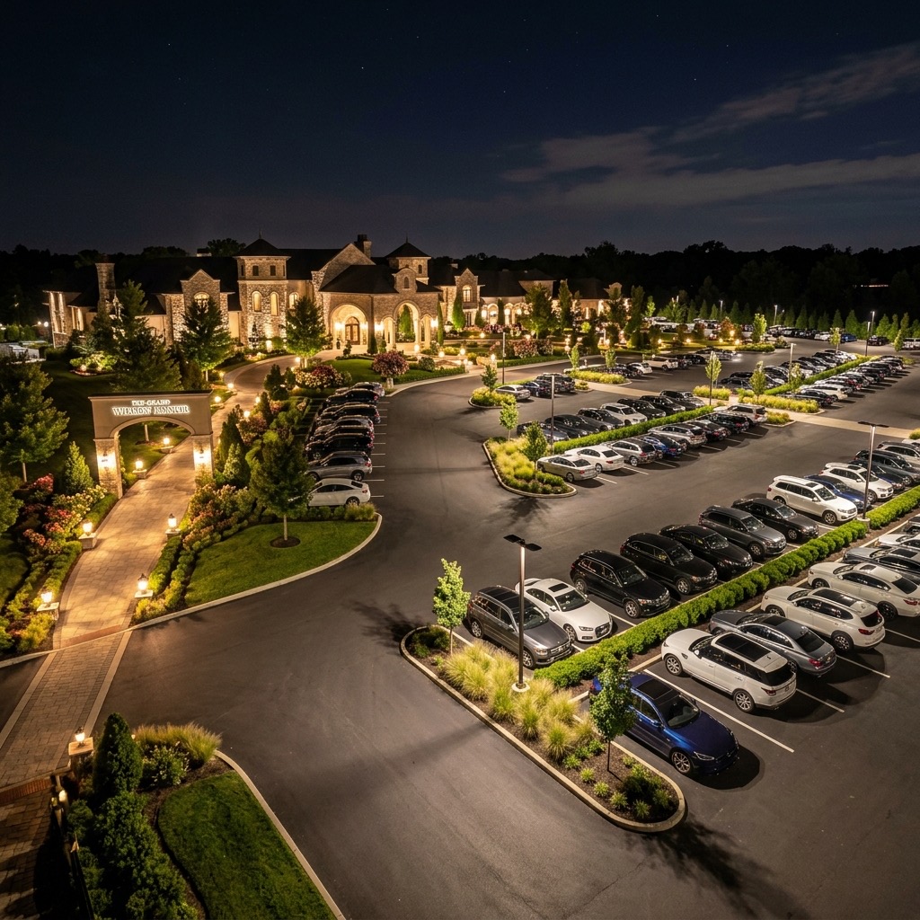 Premium outdoor venue with spacious parking at night