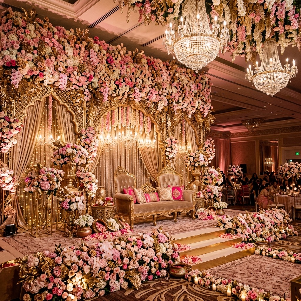 Luxurious bridal stage decoration at Nateshwaram Lawns